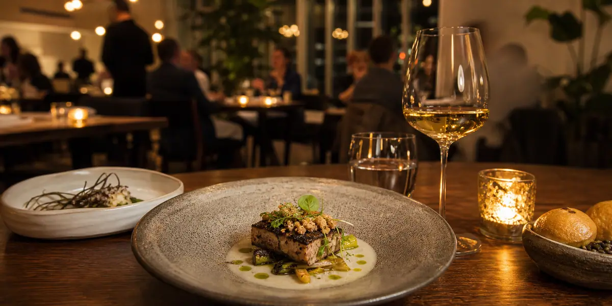 Photoreal fine-dining tasting menu scene representing Bacchanalia in Atlanta