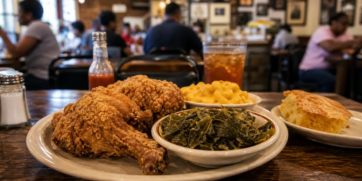 Photoreal classic Southern lunch plate representing Busy Bee Cafe in Atlanta