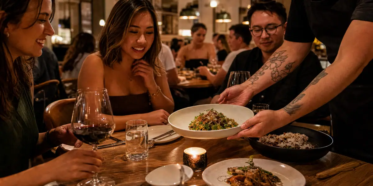 Photoreal chef-driven dinner scene representing Gunshow in Atlanta
