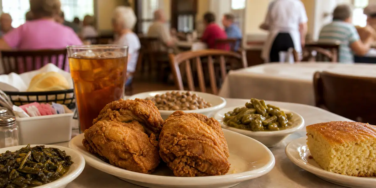 Photoreal Southern comfort table scene representing Mary Mac's Tea Room in Atlanta
