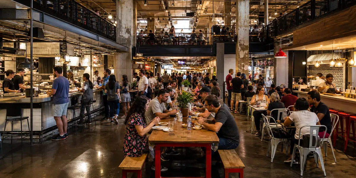 Photoreal food hall dining scene representing Ponce City Market in Atlanta