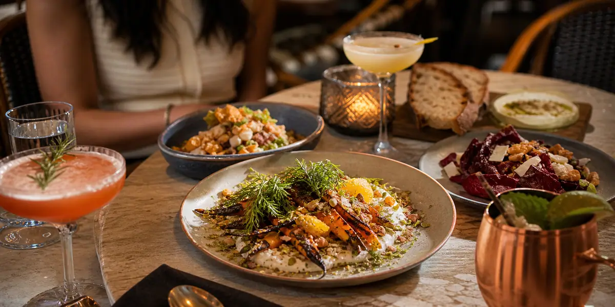 Photoreal eclectic refined dining scene representing Poor Calvin's in Atlanta