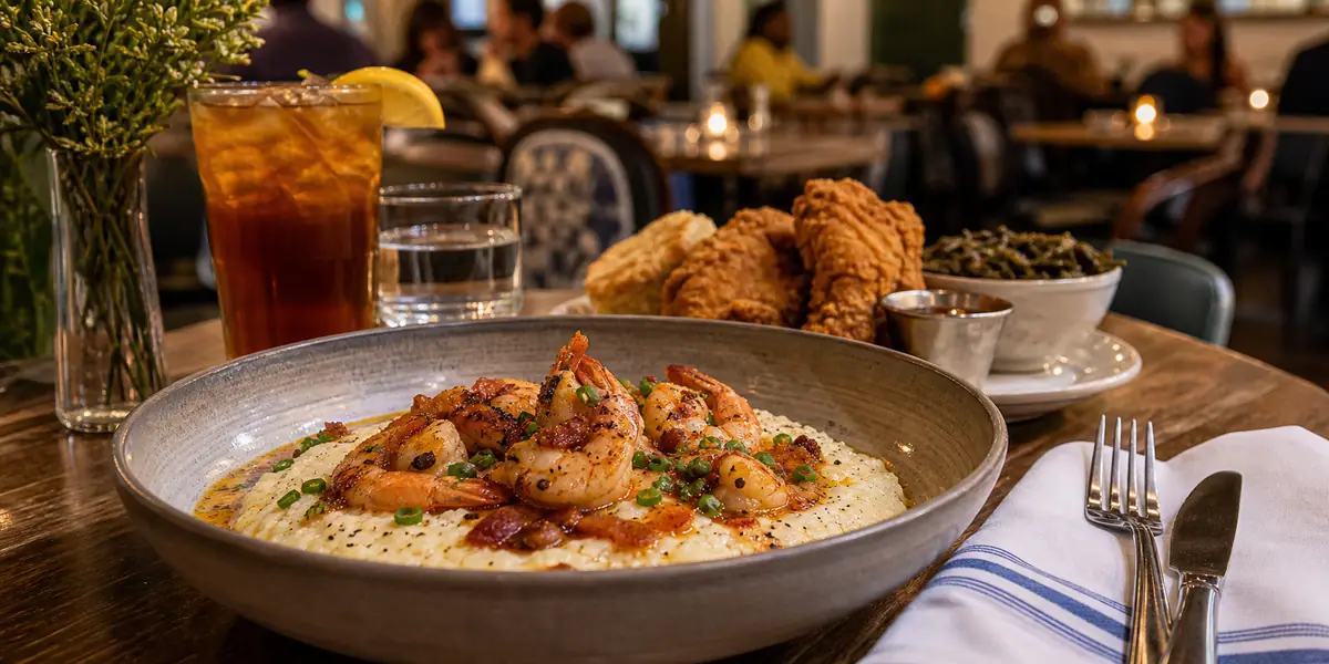 Photoreal upscale Southern brunch or dinner scene representing South City Kitchen Midtown in Atlanta