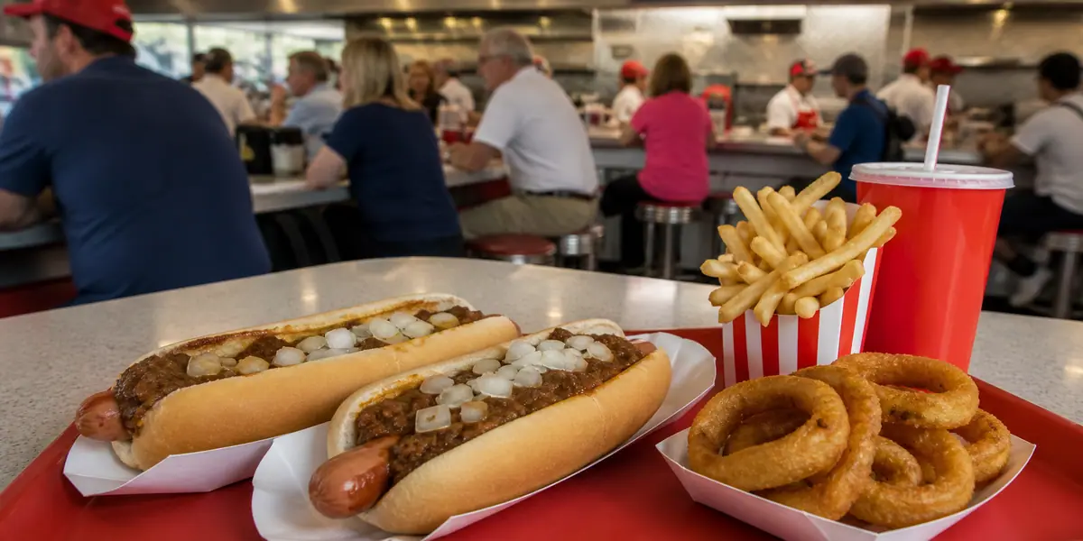 Photoreal classic fast-food lunch scene representing The Varsity in Atlanta