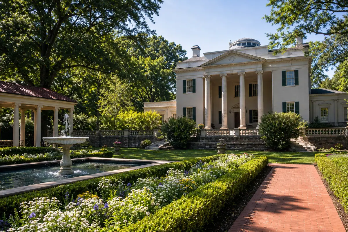 Photoreal Atlanta History Center grounds with stately architecture and green lawns in daylight