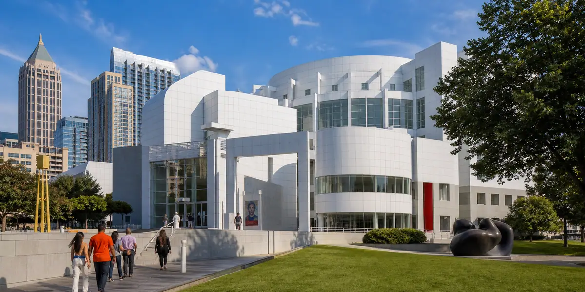 Photoreal modern museum exterior scene representing High Museum of Art in Atlanta