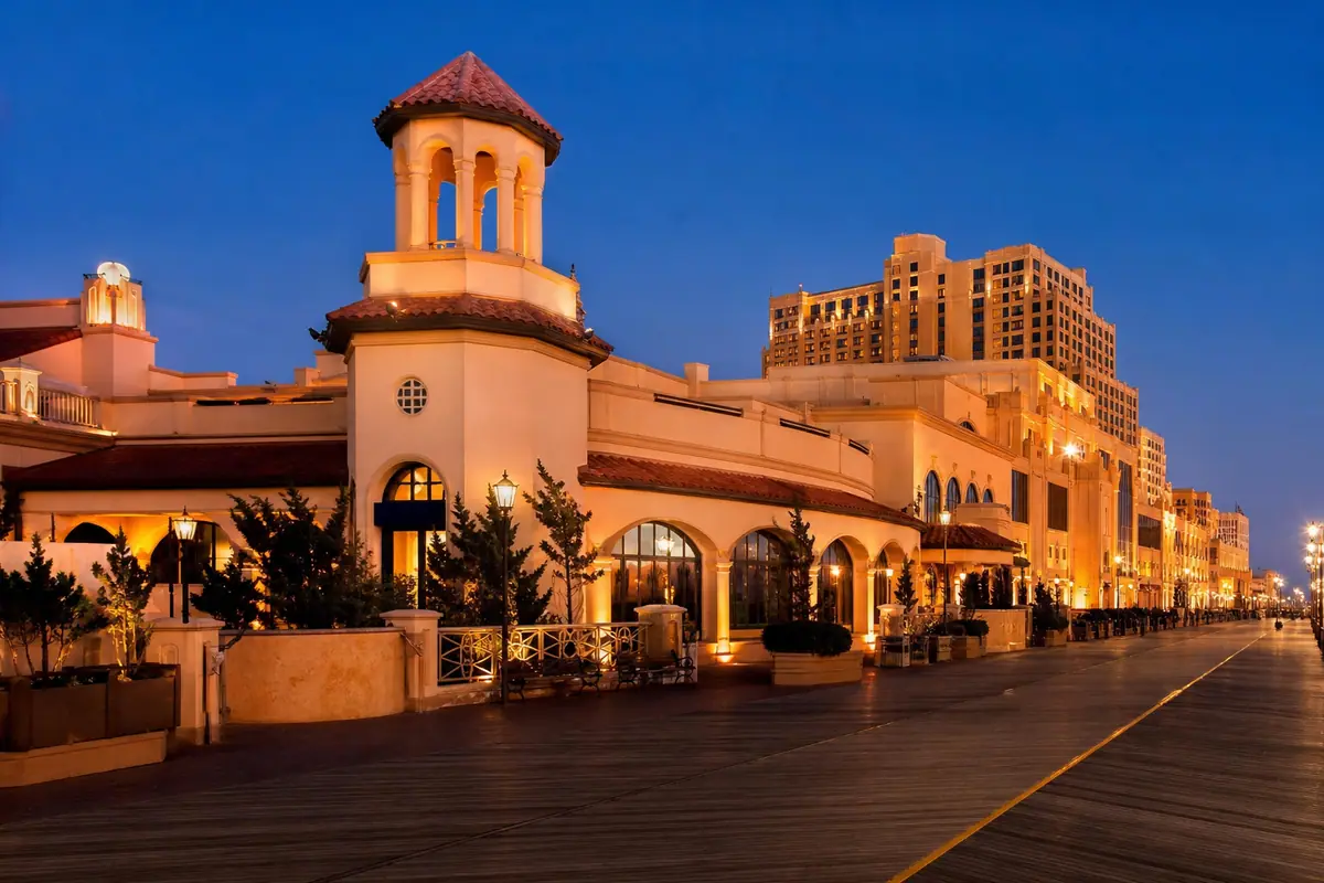 Photoreal travel-editorial view of Tropicana Atlantic City in Atlantic City