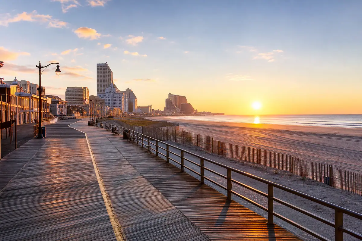Photoreal travel-editorial view of Atlantic City Boardwalk in Atlantic City