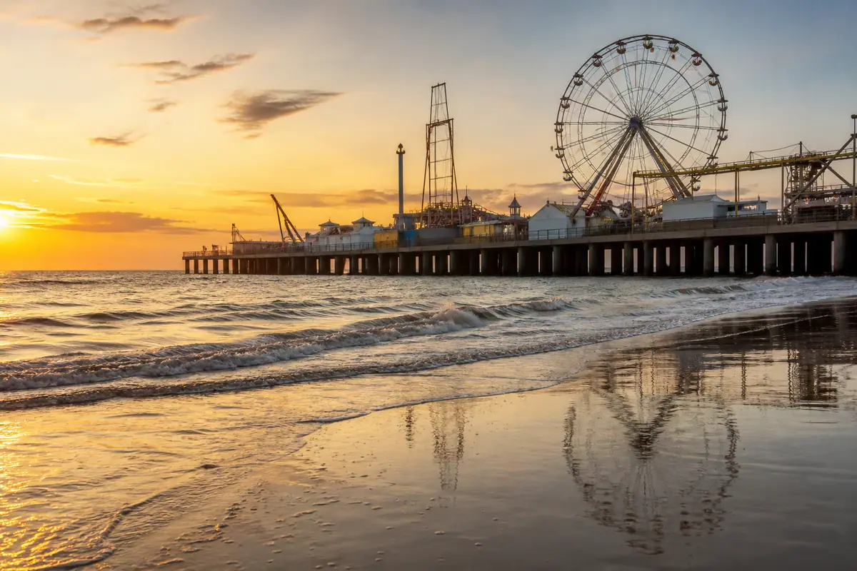 Photoreal travel-editorial view of Steel Pier in Atlantic City