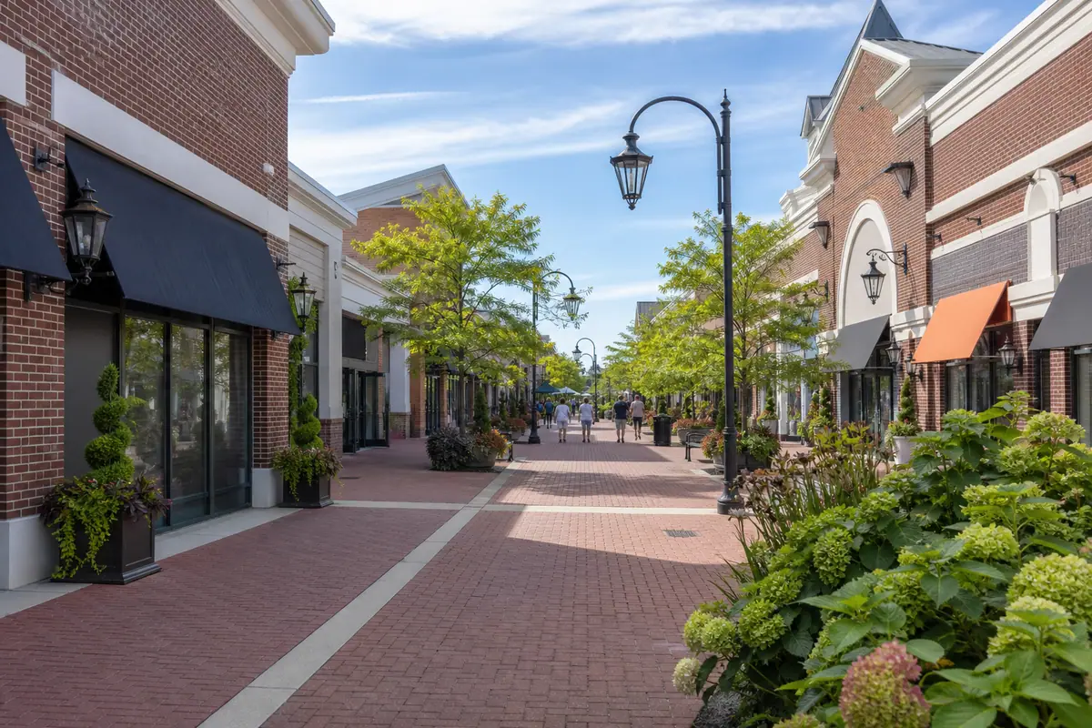 Photoreal travel-editorial view of Tanger Outlets Atlantic City in Atlantic City