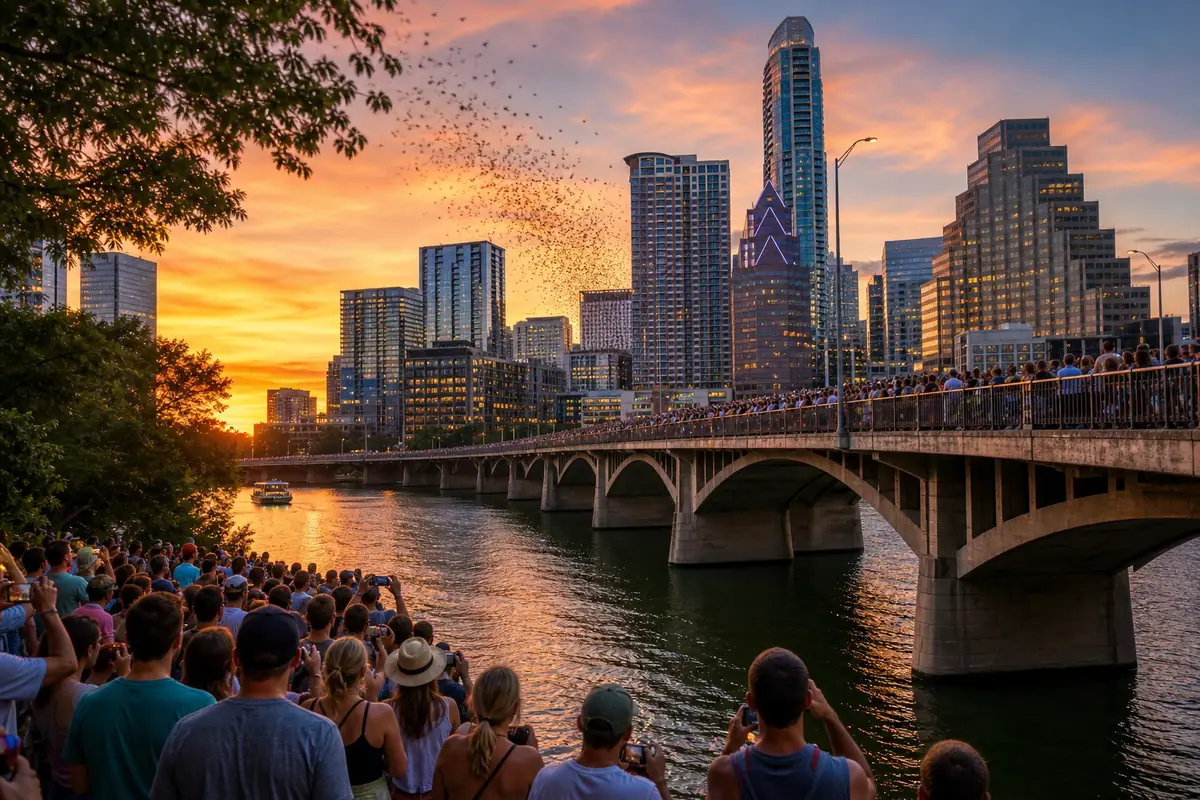 Photoreal Austin Congress Avenue Bridge bat-watch scene at sunset with skyline and lake