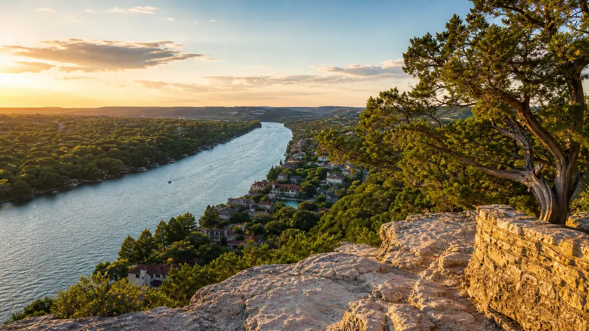 Photoreal Mount Bonnell overlook above the Colorado River near Austin in late-afternoon light