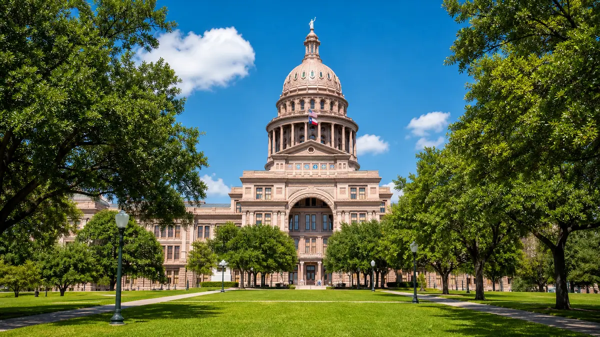Photoreal Texas State Capitol and broad green lawn in Austin under bright daylight