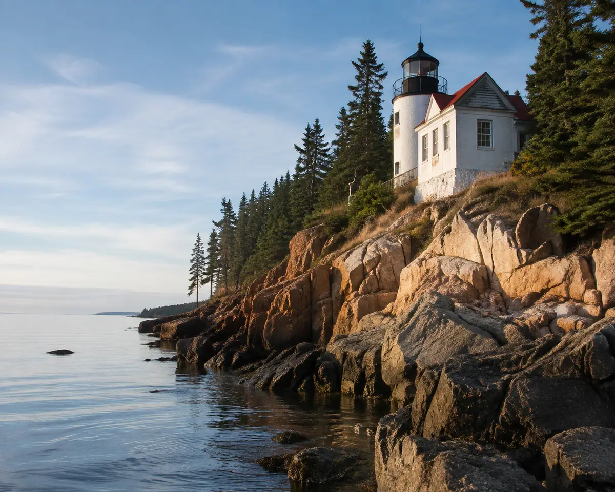 Photoreal Bass Harbor Head Light on Maine granite coast