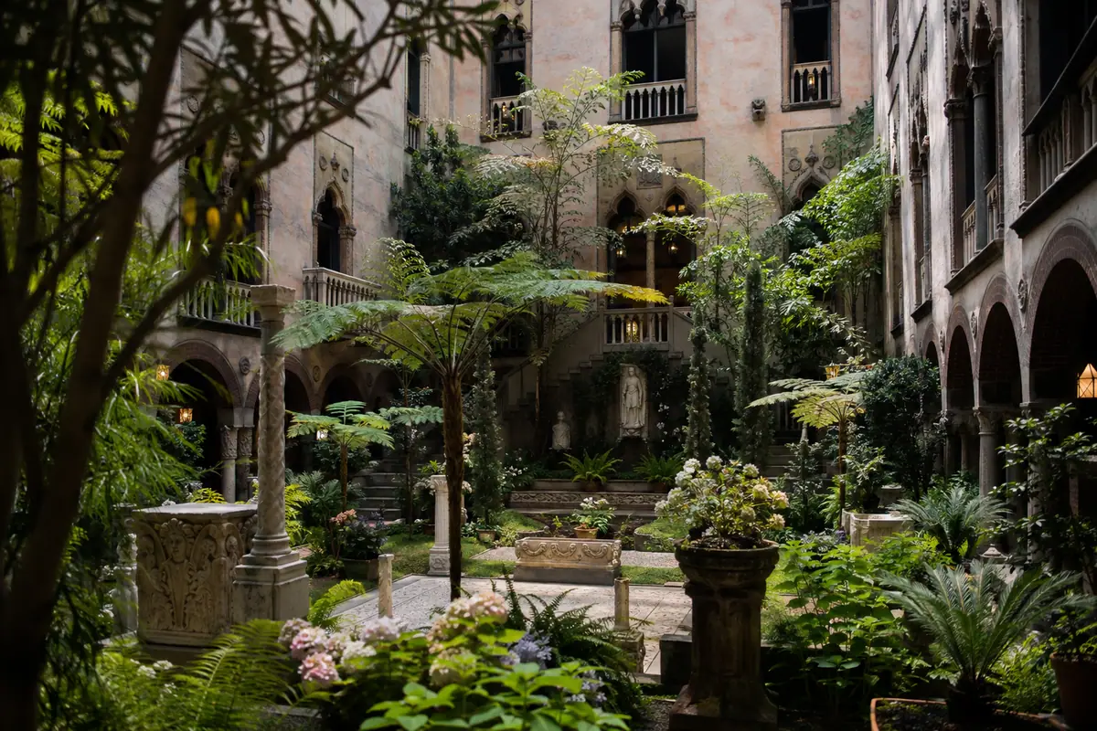 Photoreal Isabella Stewart Gardner Museum courtyard architecture in Boston