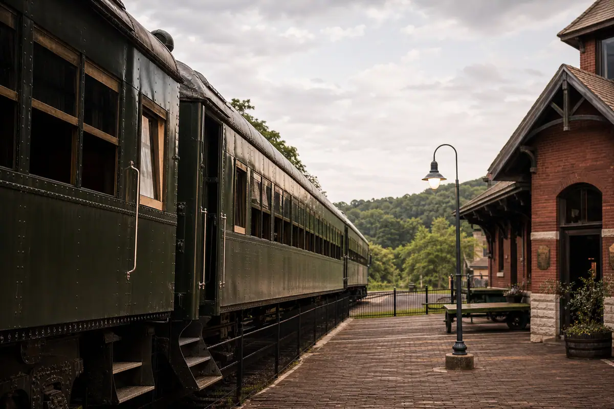 Photoreal travel-editorial view of Branson Scenic Railway in Branson, Missouri