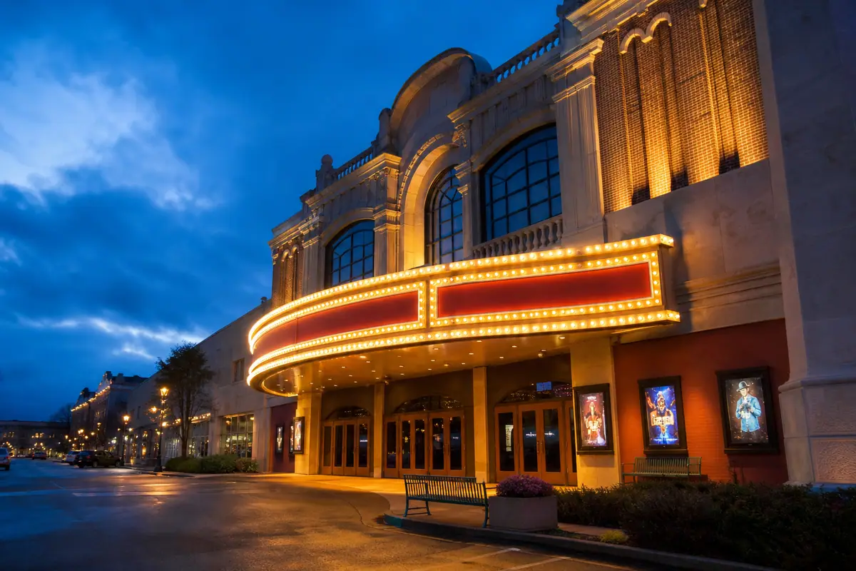 Photoreal travel-editorial view of Presleys' Country Jubilee in Branson, Missouri