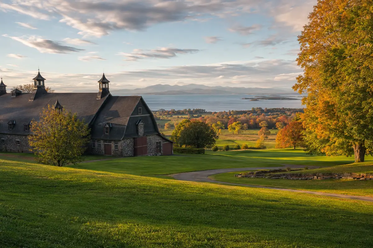 Photoreal pastoral landscape at historic Shelburne Farms near Burlington