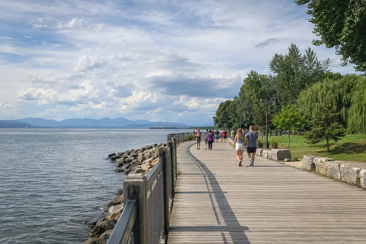 Travel-editorial view of Waterfront Park and Boardwalk in Burlington, Vermont