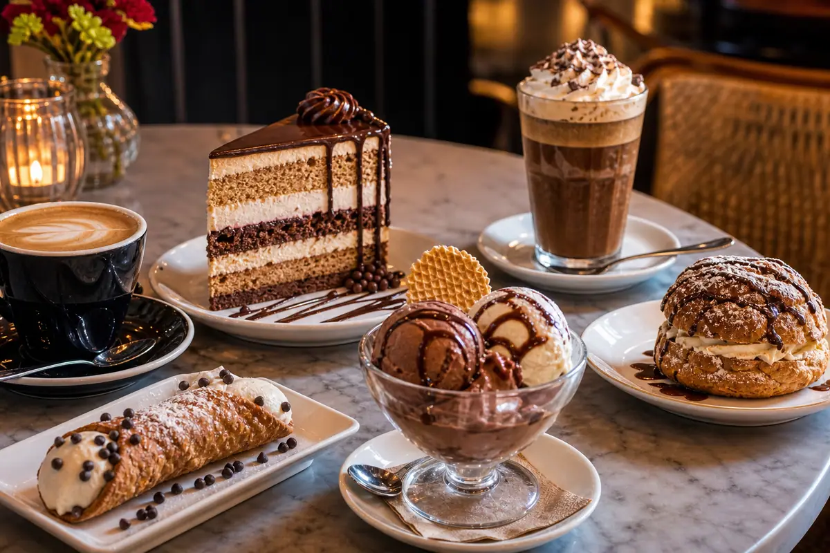 Photoreal dessert and coffee spread representing Carmella's Cafe and Dessert Bar