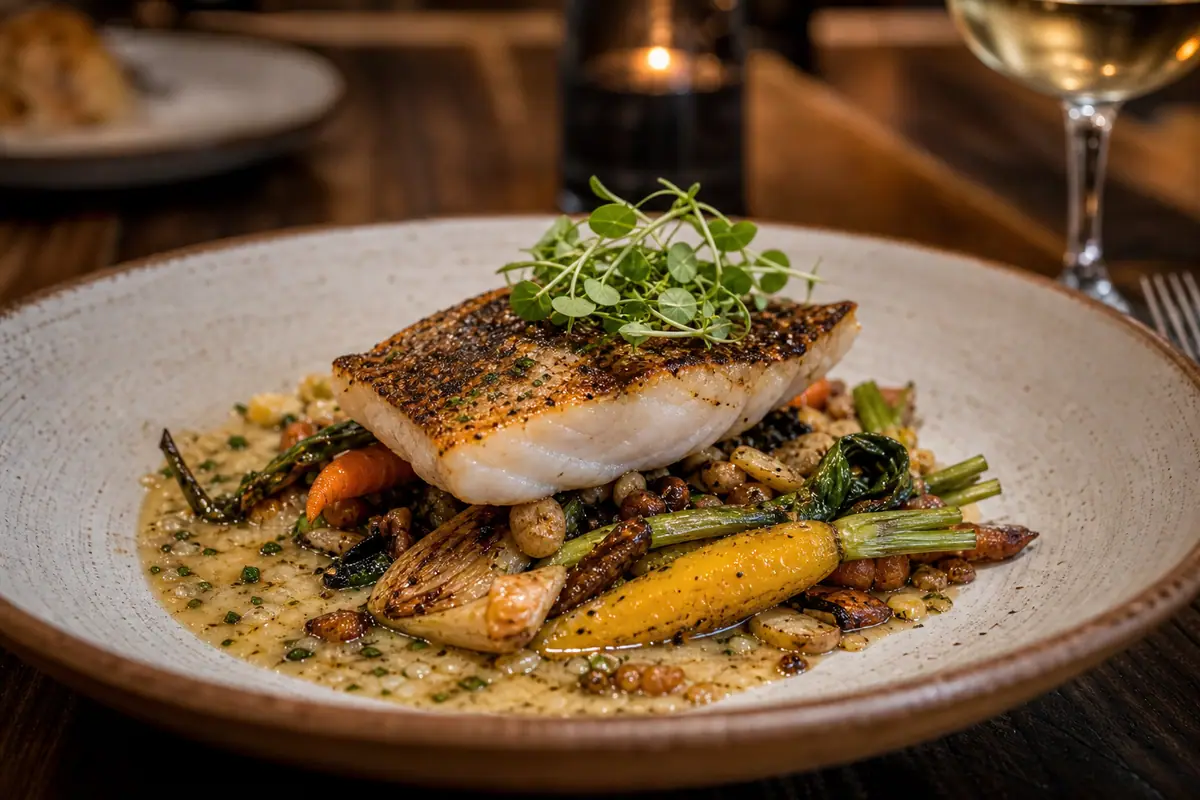 Photoreal refined Lowcountry dinner plate representing Husk