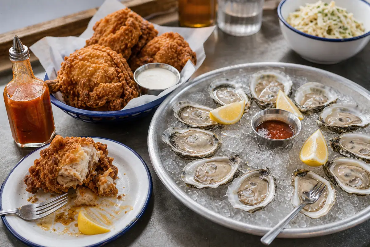 Photoreal oysters and fried chicken spread representing Leon's Oyster Shop