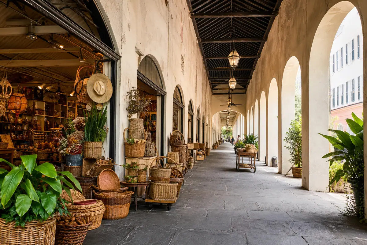 Photoreal Charleston City Market arcade with historic arches and stalls