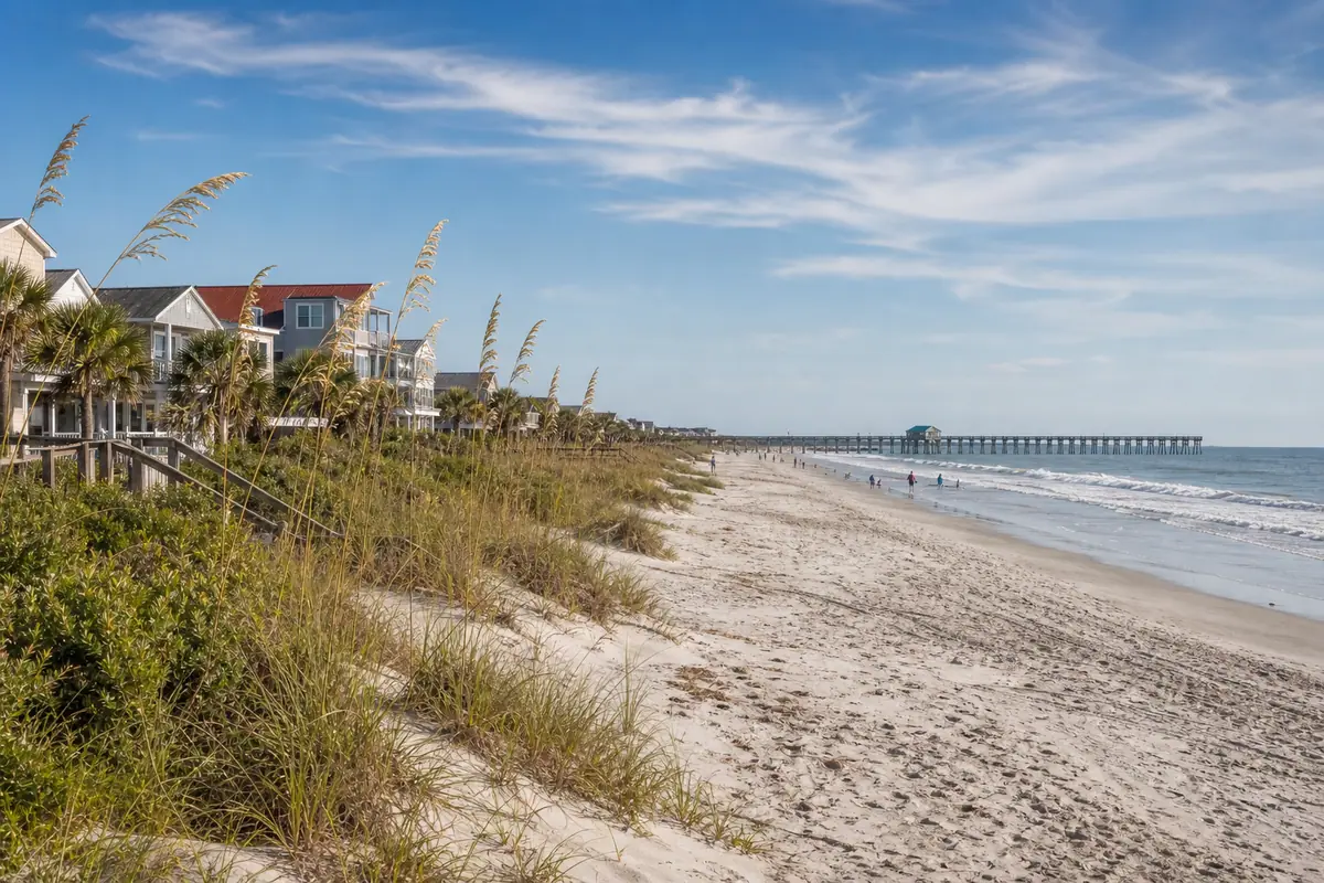 Photoreal Folly Beach shoreline with dunes and oceanfront pier near Charleston