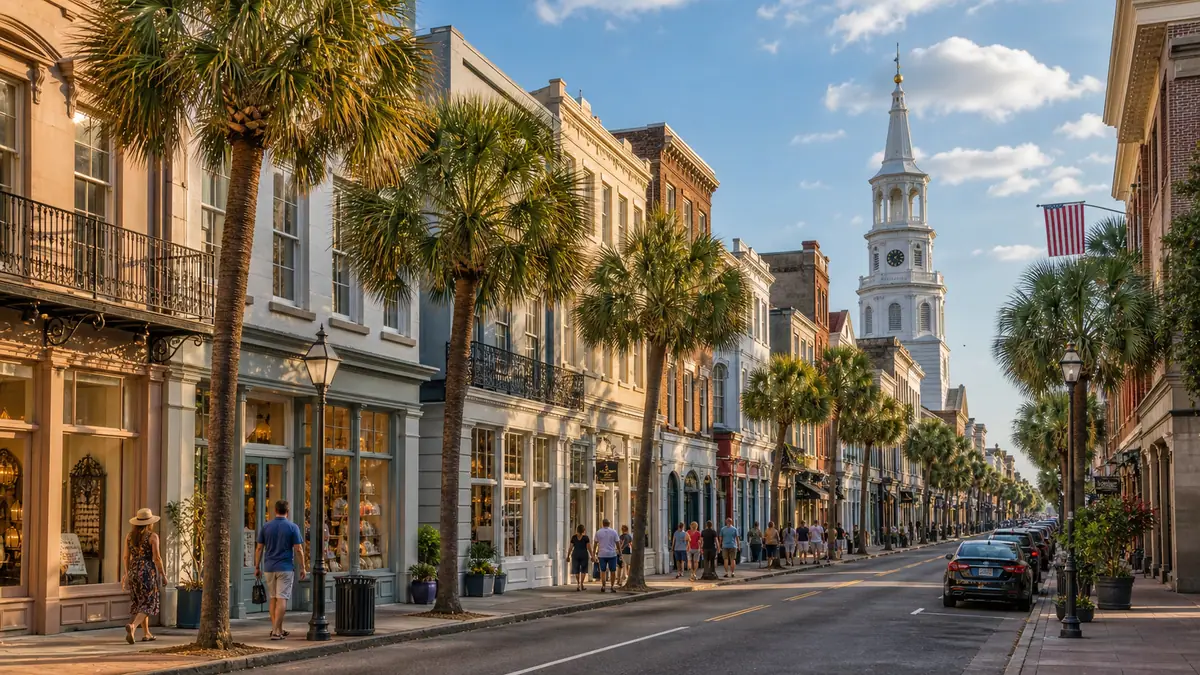 Photoreal King Street Historic District streetscape in Charleston under warm late-afternoon light