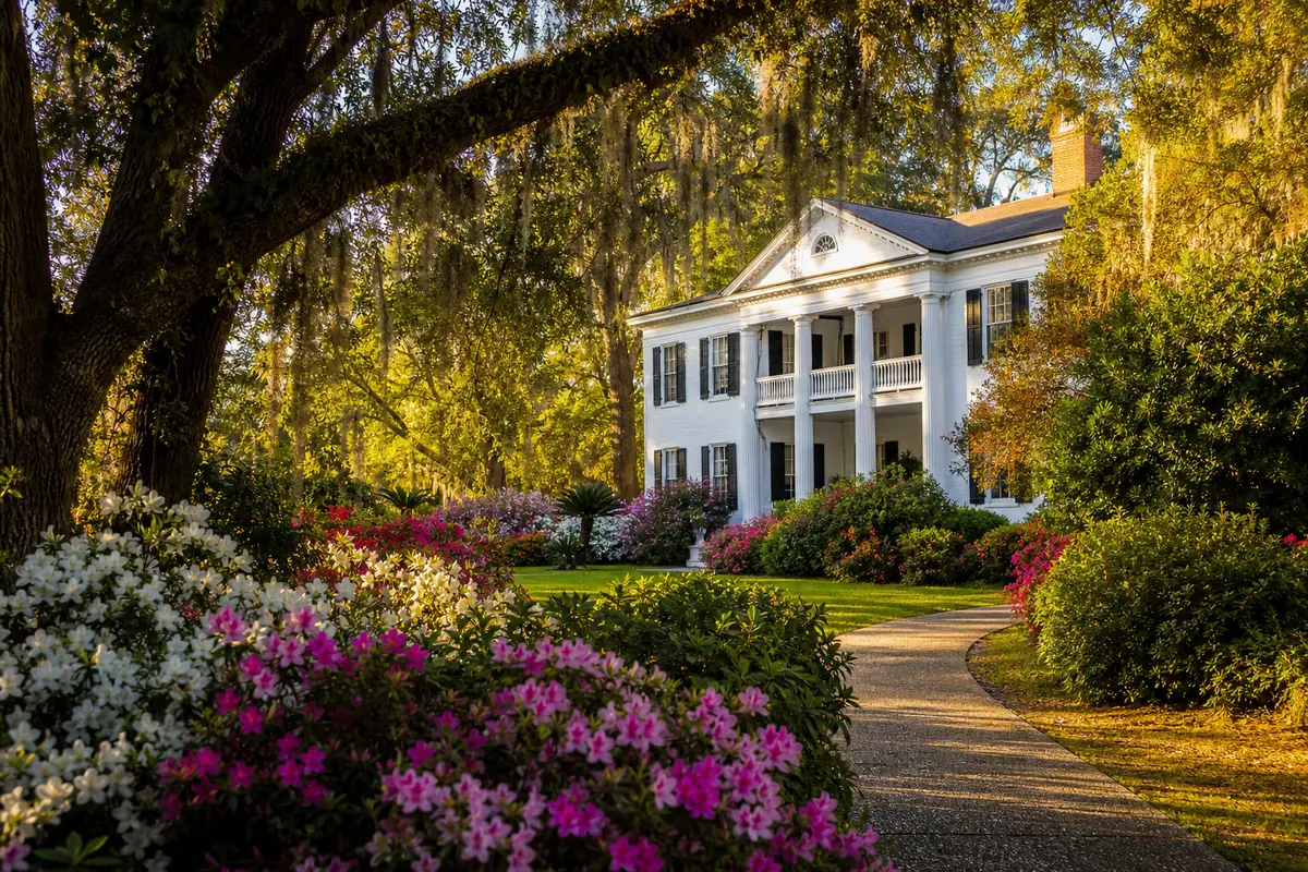 Photoreal Magnolia Plantation and Gardens house and flowering path