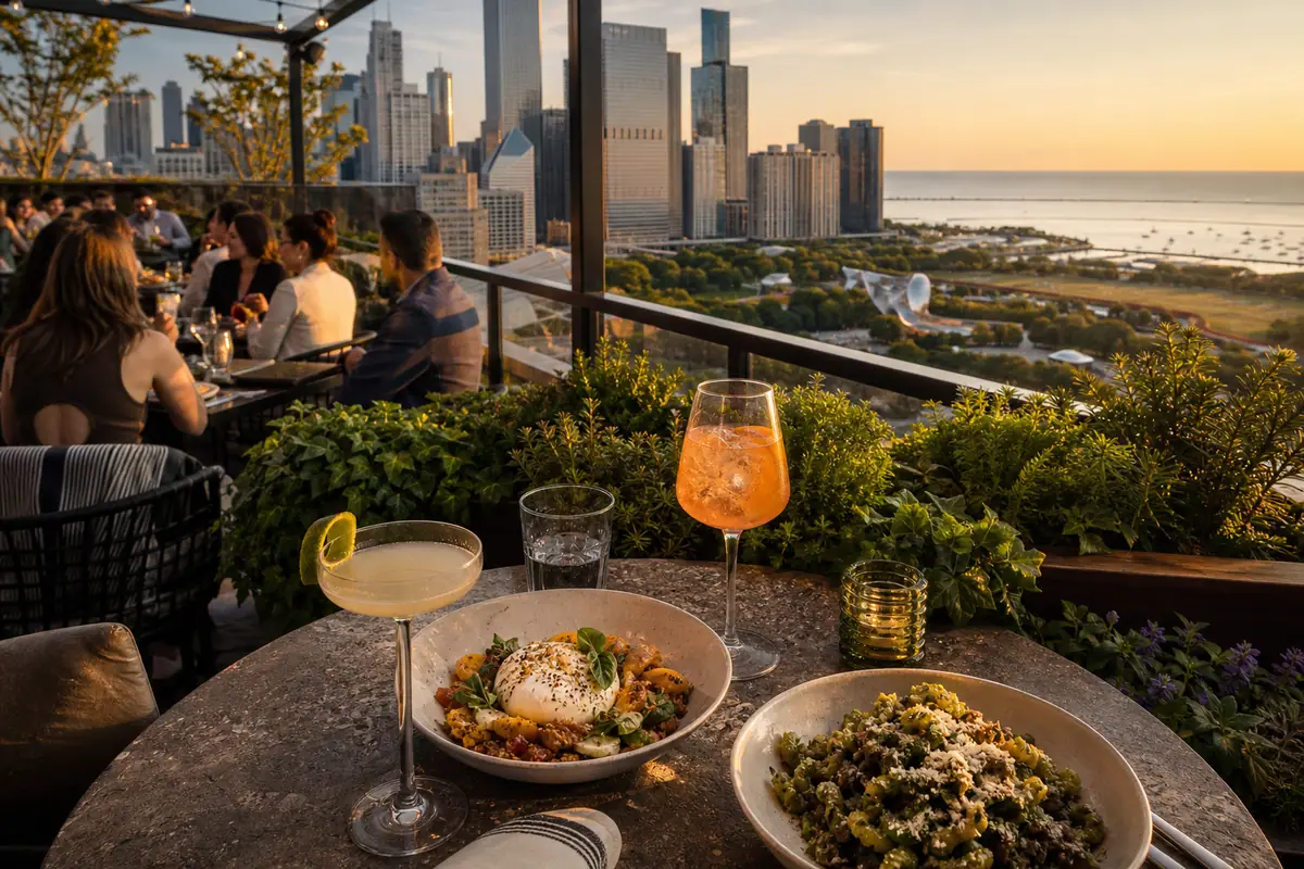 Photoreal Cindy's Rooftop dining terrace in Chicago
