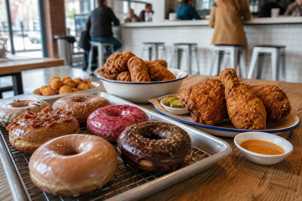 Photoreal Do-Rite Donuts and Chicken scene in Chicago