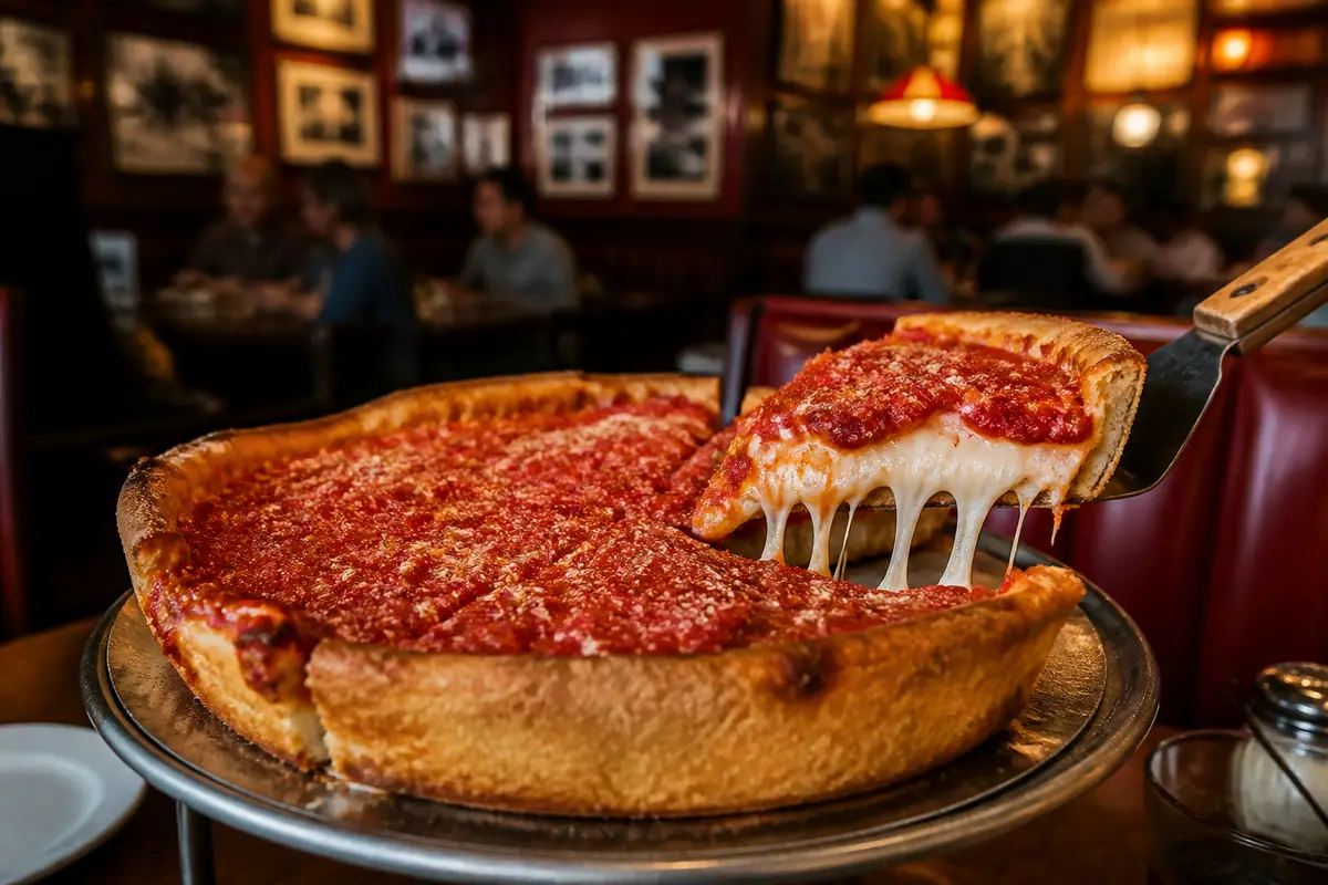 Photoreal Lou Malnati's deep-dish pizza in Chicago