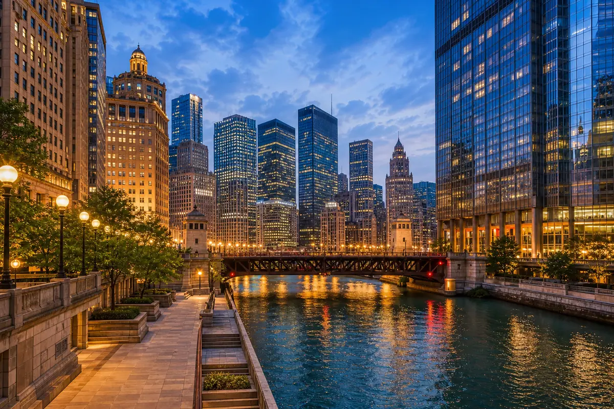Photoreal Chicago Riverwalk scene in the Loop at early evening