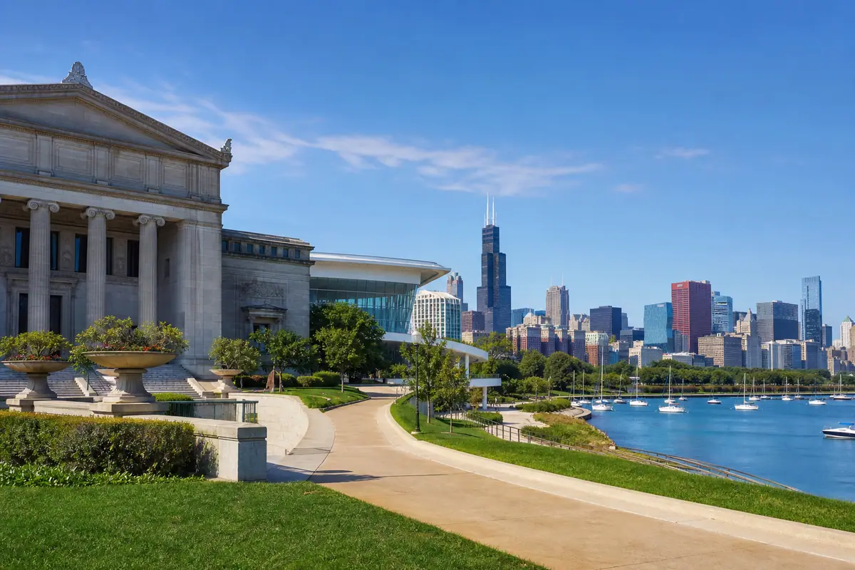 Photoreal Chicago museum lakefront scene with skyline and Lake Michigan atmosphere