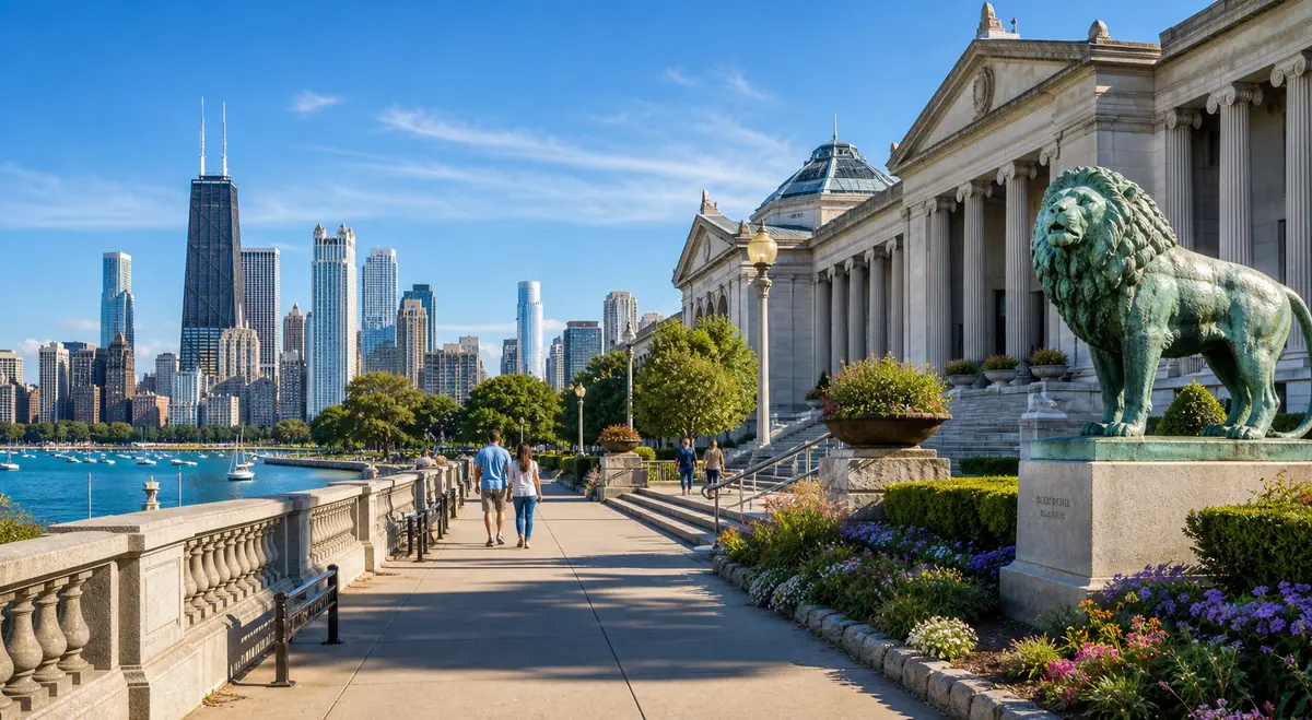 Photoreal Chicago Museum Campus with lakefront grounds and skyline view