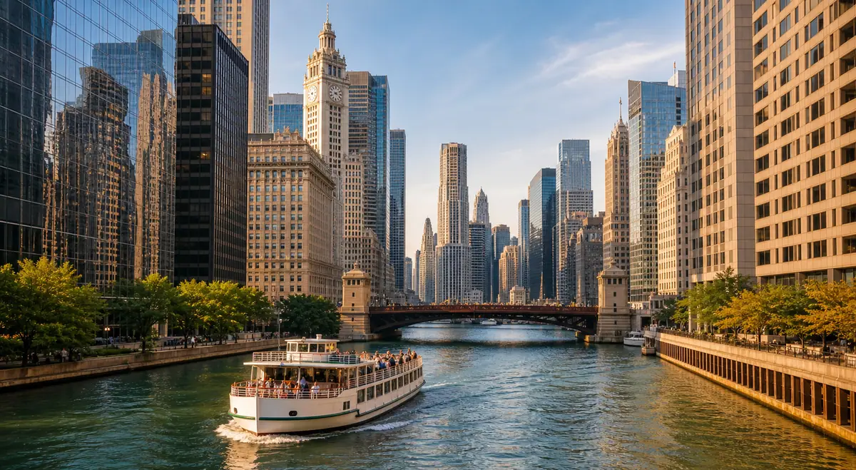 Photoreal Chicago River architecture cruise scene in late afternoon