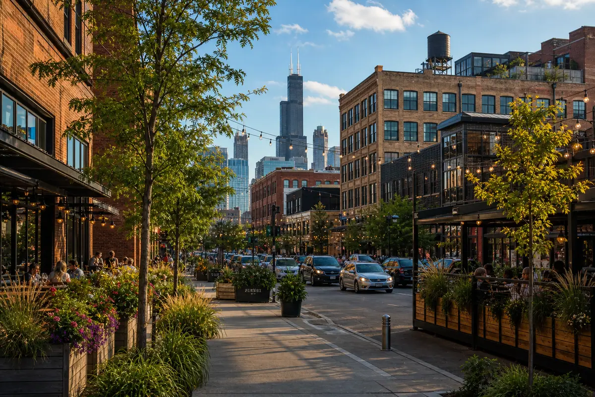 Photoreal West Loop and Fulton Market streetscape with brick warehouses, patios, and Chicago skyline in late afternoon