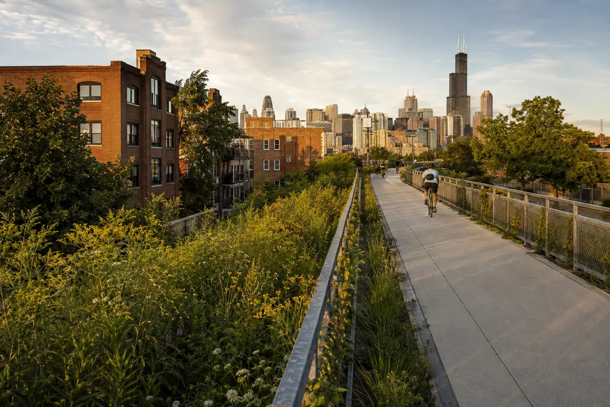 Photoreal elevated greenway on The 606 Trail in Chicago
