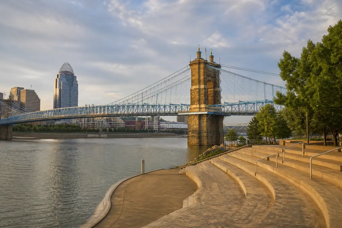 Photoreal view of Smale Riverfront Park and Roebling Bridge in Cincinnati