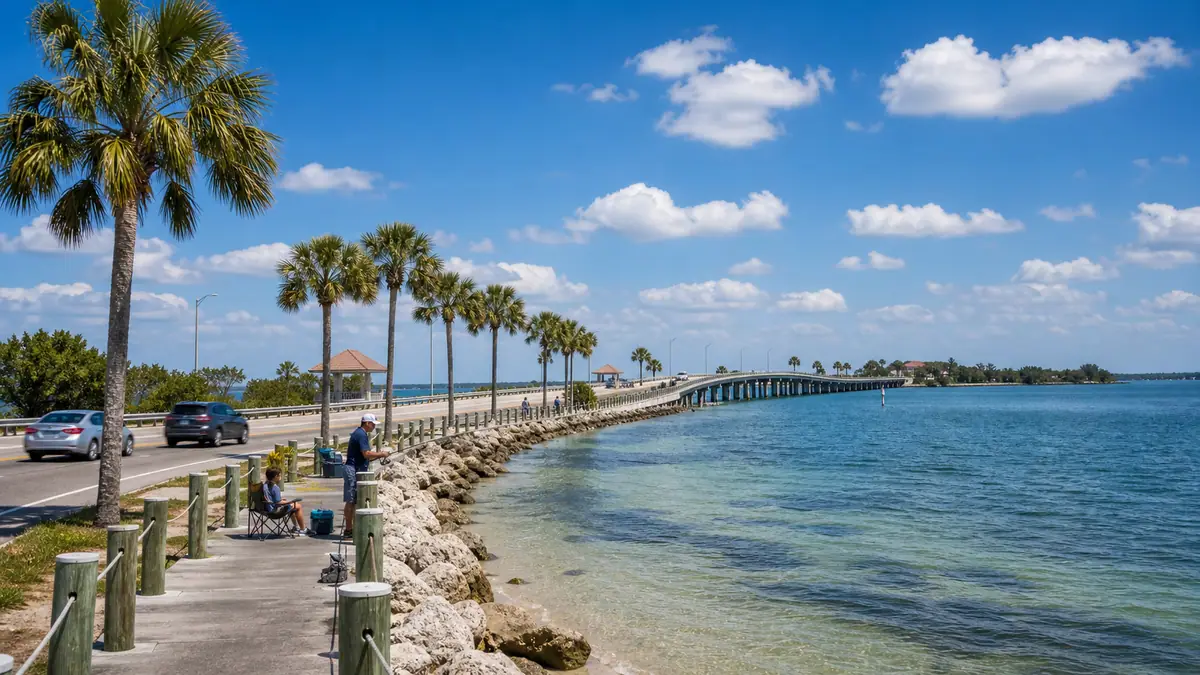 Photoreal Dunedin Causeway waterfront with shallow blue water, palms, and low bridge views near Clearwater