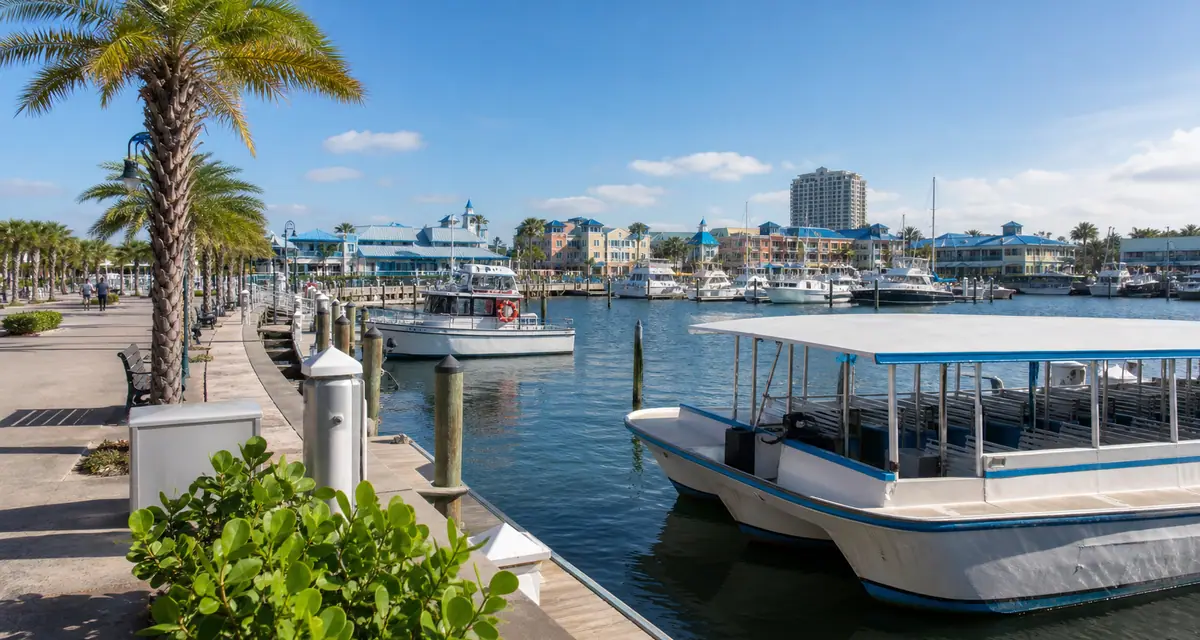Photoreal Clearwater Harbor Marina with excursion docks and boats in bright daylight