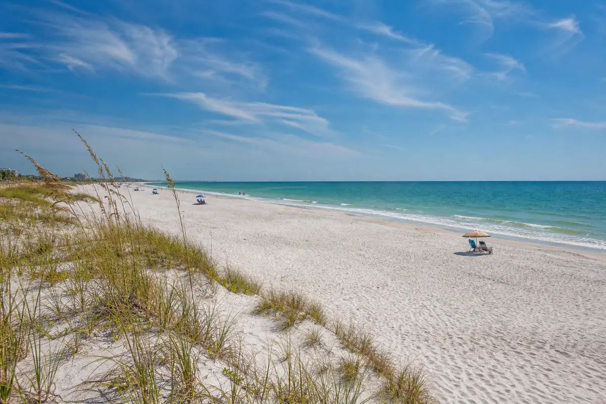 Photoreal Sand Key Park beach with dunes and a quieter Gulf shoreline near Clearwater