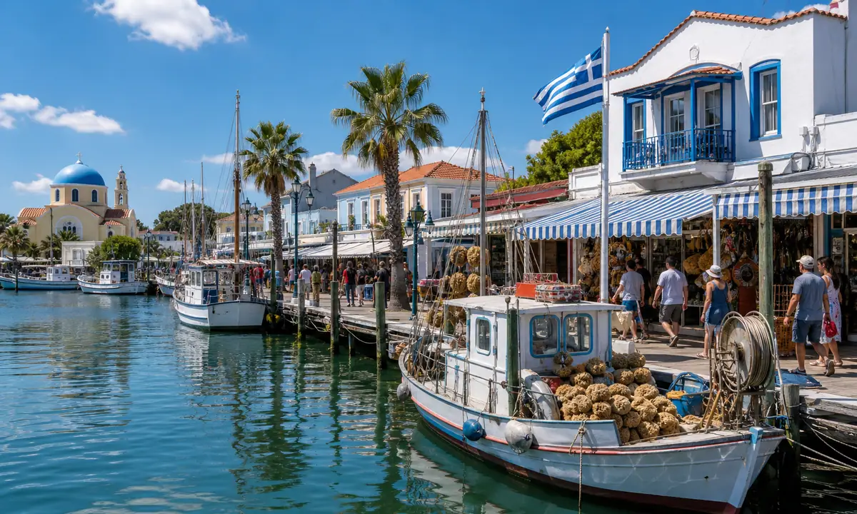 Photoreal Tarpon Springs Sponge Docks with working boats, Greek storefronts, and calm waterfront in bright daylight