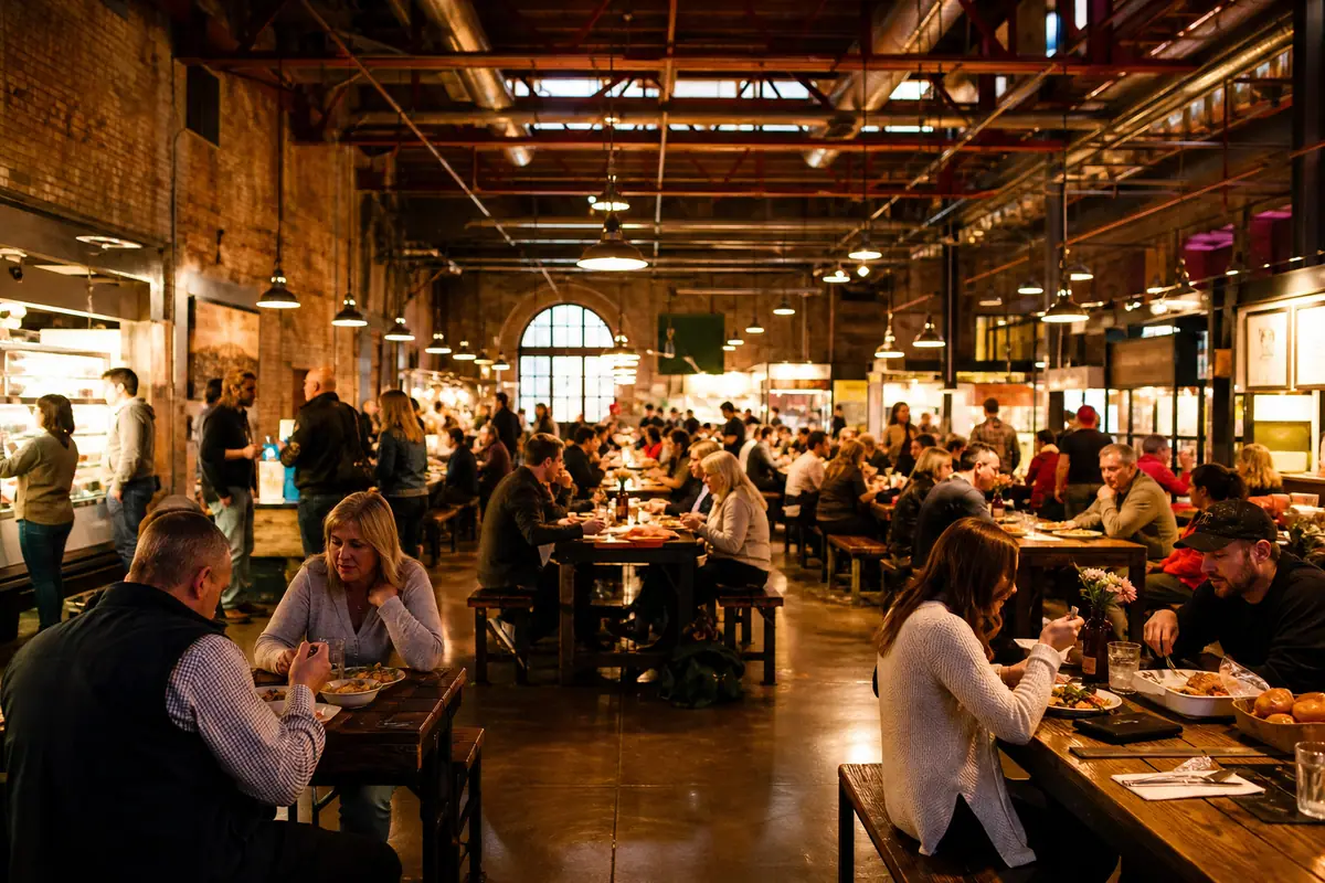 Photorealistic travel-editorial view of North Market Downtown in Columbus, Ohio