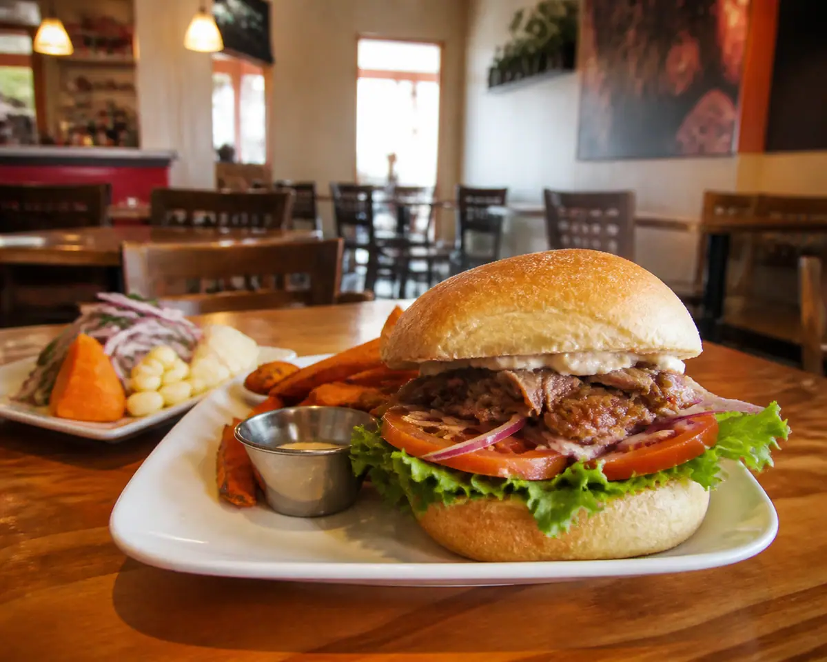 Photorealistic travel-editorial view of Si Senor Peruvian Sandwiches and More in Columbus, Ohio