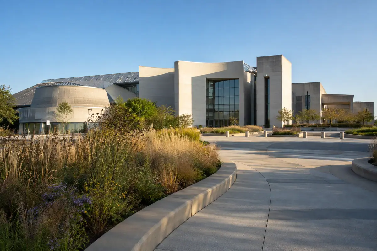 Photoreal modernist exterior of the Ohio History Center in Columbus