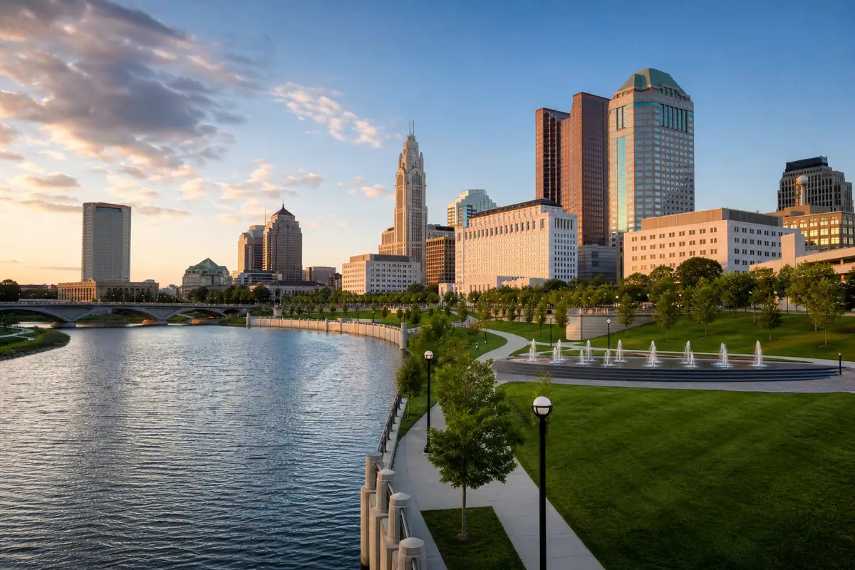 Photorealistic travel-editorial view of Scioto Mile and Genoa Park in Columbus, Ohio