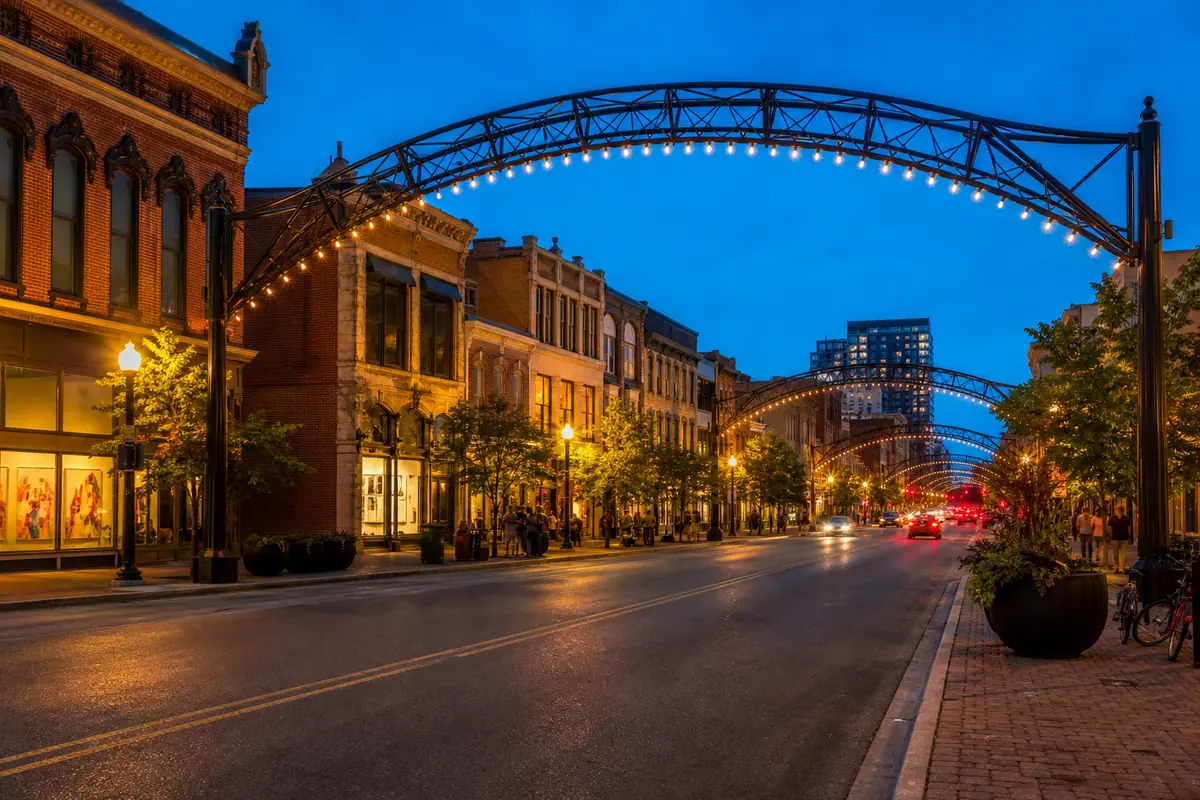 Photorealistic travel-editorial view of Short North Arts District in Columbus, Ohio