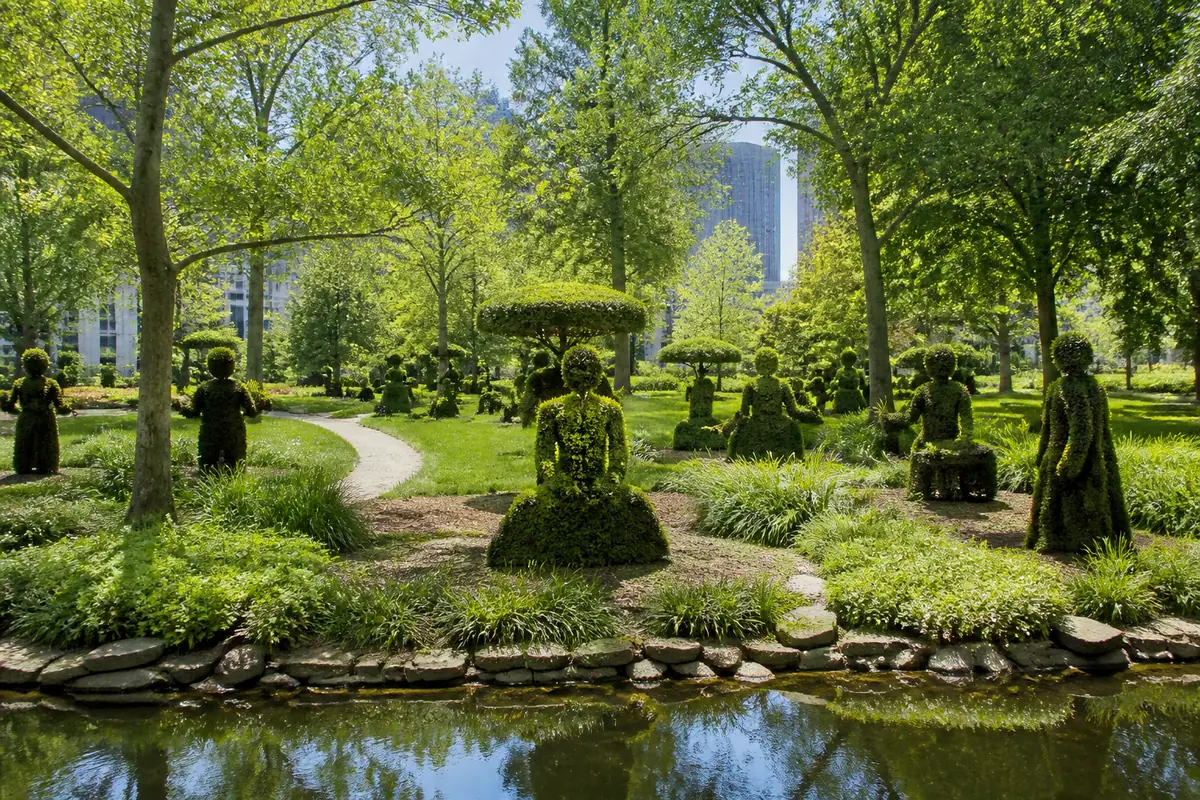 Photorealistic travel-editorial view of Topiary Park in Columbus, Ohio